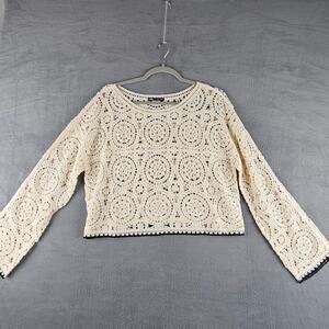 Zara Cream Crochet Boho Crop Top Size Small Long Sleeve Lace Knit Festival Top